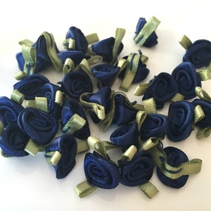 10, navy blue ribbon roses, satin ribbon roses, navy satin roses, sew on flowers, small ribbon roses, navy ribbon flowers, flower appliques