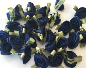 10, navy blue ribbon roses, satin ribbon roses, navy satin roses, sew on flowers, small ribbon roses, navy ribbon flowers, flower appliques