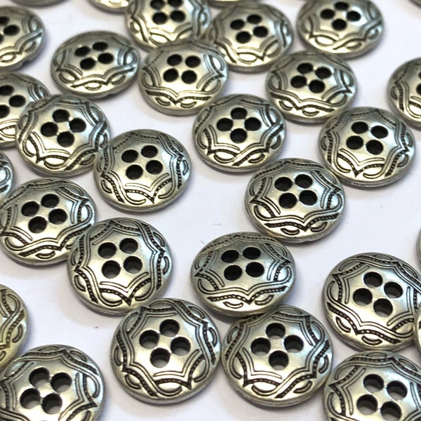 6, 10mm (16L) tiny patterned silver metal shirt buttons, silver button, Italian metal buttons, etched effect buttons, silver fancy button