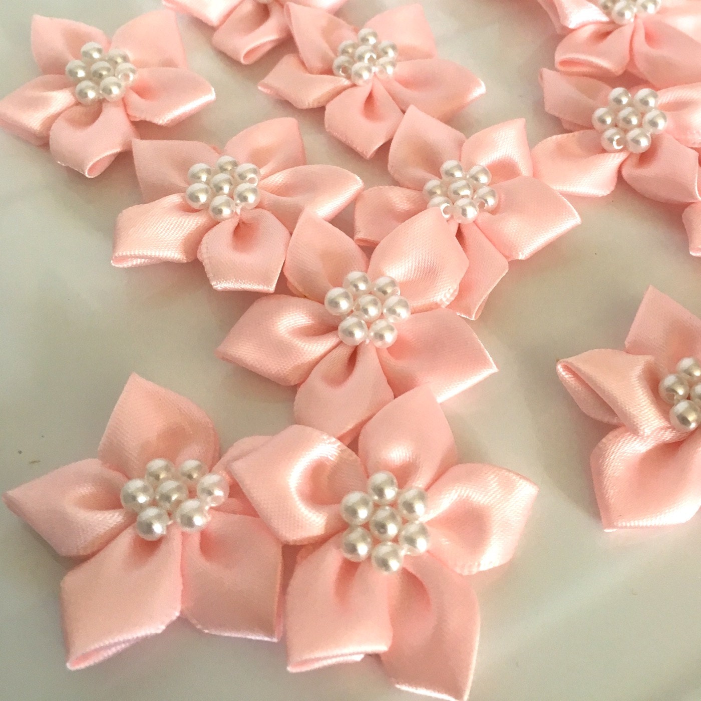 10 satin ribbon flowers pearl ribbon flowers pink ribbon Etsy