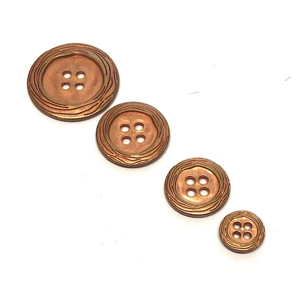 6, red copper finish metal buttons in 4 sizes, aged copper buttons, copper buttons, metal shirt buttons, metal jacket buttons