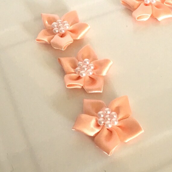 1.5 Satin Ribbon Flowers with Pearl Center 10-Pack