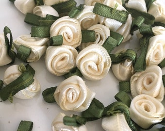 10, off white ribbon roses, satin ribbon roses, white satin roses, sew on flowers, small ribbon roses, off white ribbon flowers