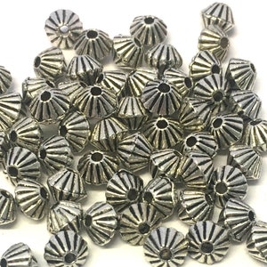 50 x 5mm x 4mm silver tone bicone metal spacer beads, 1mm hole, silver metal spacer beads, silver bicone beads, metal bicone beads