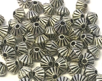 50 Silver Tone Bicone Spacer Beads: Etched Metal Alloy (5mm)