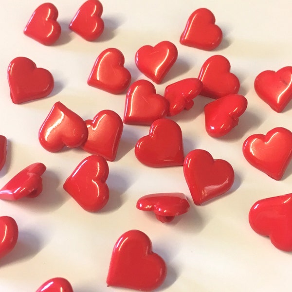 10 red heart buttons, heart buttons, red buttons, 15mm heart buttons, shank buttons, craft buttons, resin buttons, shiny red buttons uk