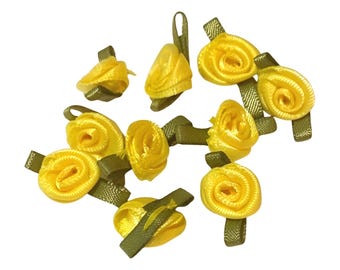 10pcs Yellow Satin Ribbon Roses with Green Leaves: Flower Appliques