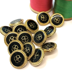 6, 18mm (28L) black and gold shank buttons, metallic flower buttons, gold metallic buttons, metallic jacket buttons, unusual buttons