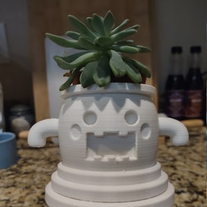 May include: White ceramic planter with a smiling face and two arms, holding a green succulent plant.
