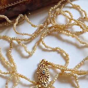 May include: A delicate necklace composed of small, creamy-colored pearls. The necklace features a gold-toned clasp with an intricate floral design and a small, dark blue stone at its center. A vintage brown leather case is in the background.