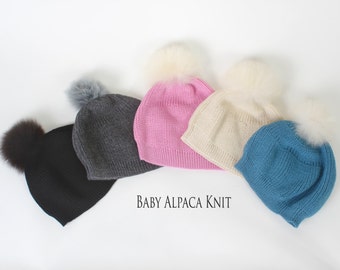 Baby Alpaca Knit Caps, winter cap, beanie, cap w pom, conscious fur, fur pom, knit hat, cold weather cap, hand finished, eco