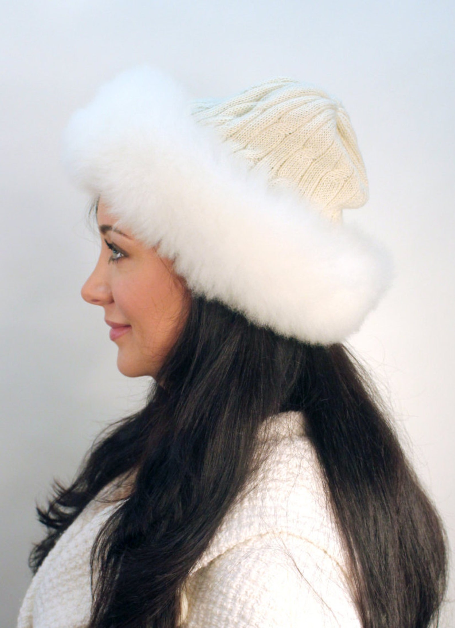 Baby Alpaca Knit Hat W Alpaca Fur Trim Russian Hat Fluff Etsy