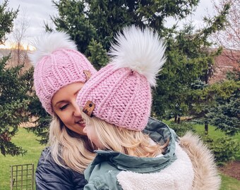 Mommy and Me Hats | Faux Fur Pom | Women Winter Hat | Womens Beanie| Toddler Winter Hat | Chunky Knit Hat | Matching Knit Hats  | Baby Hats