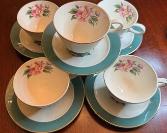 Ensemble de 5 tasses à thé en semi-vitré Homer Laughlin Empire Green avec soucoupes assorties