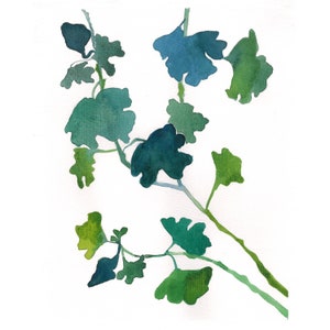 Può includere: Dipinto ad acquerello di un ramo con foglie verdi e blu. Le foglie sono dipinte in uno stile stilizzato e astratto.