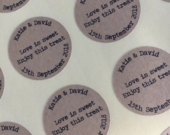 Love is sweet enjoy this treat personalised wedding stickers, kraft wedding favours, favour bag seal