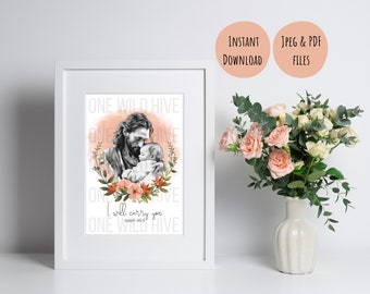 Jesús sosteniendo la simpatía de la niña imprimible para el regalo del día de las madres, regalo de pérdida de mortinato, acuarela floral de pérdida infantil con versículo de la Biblia