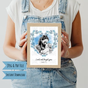loss of baby boy grief gift, remembrance gift for mourning parents with thoughtful scripture verse, floral blue heart forget-me-not wall art
