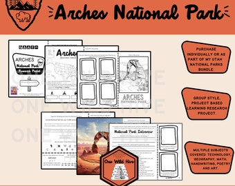 Hojas de trabajo temáticas de aprendizaje basadas en proyectos de investigación del Parque Nacional Utah Arches, páginas de viajes por carretera de verano a parques nacionales, estudio de unidad de educación en el hogar