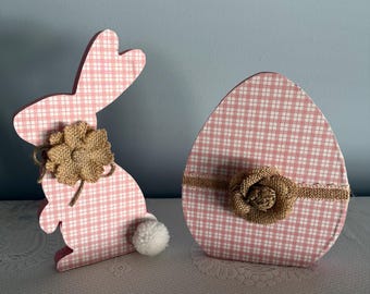 Pink Plaid Wooden Easter Egg & Bunny Decor