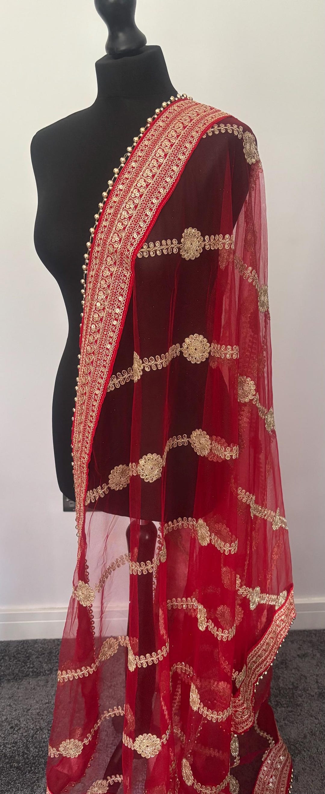 Red Net Dupatta With Gold Embroidery and Border - Etsy