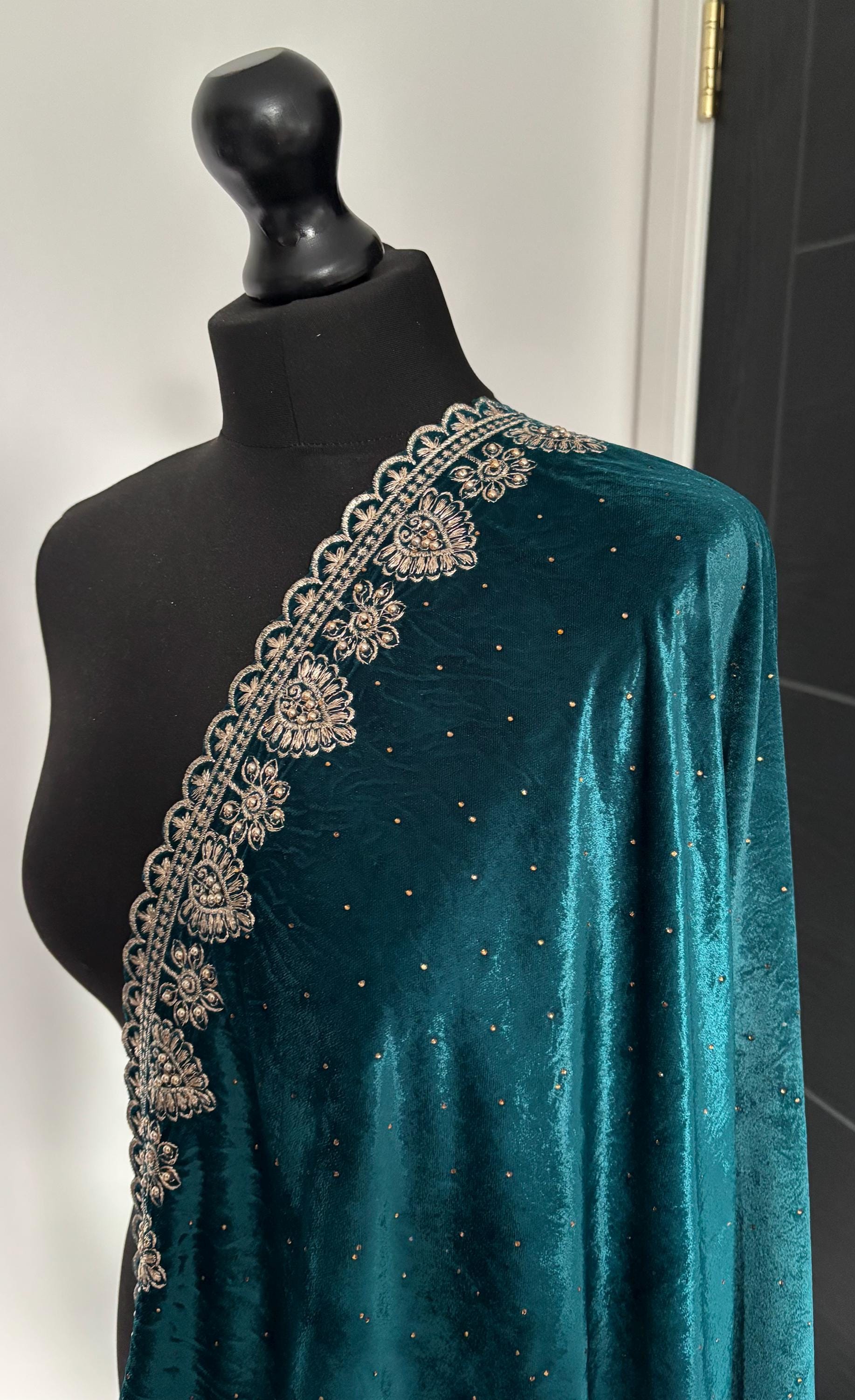 Beautiful Hand Embroidered Green Velvet Dupatta Shawl With Pearl