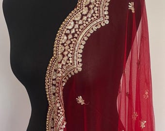 Red Net Dupatta with scallop border