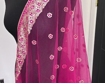 Cranberry Net Dupatta Chunni with Glitter Sequin Border