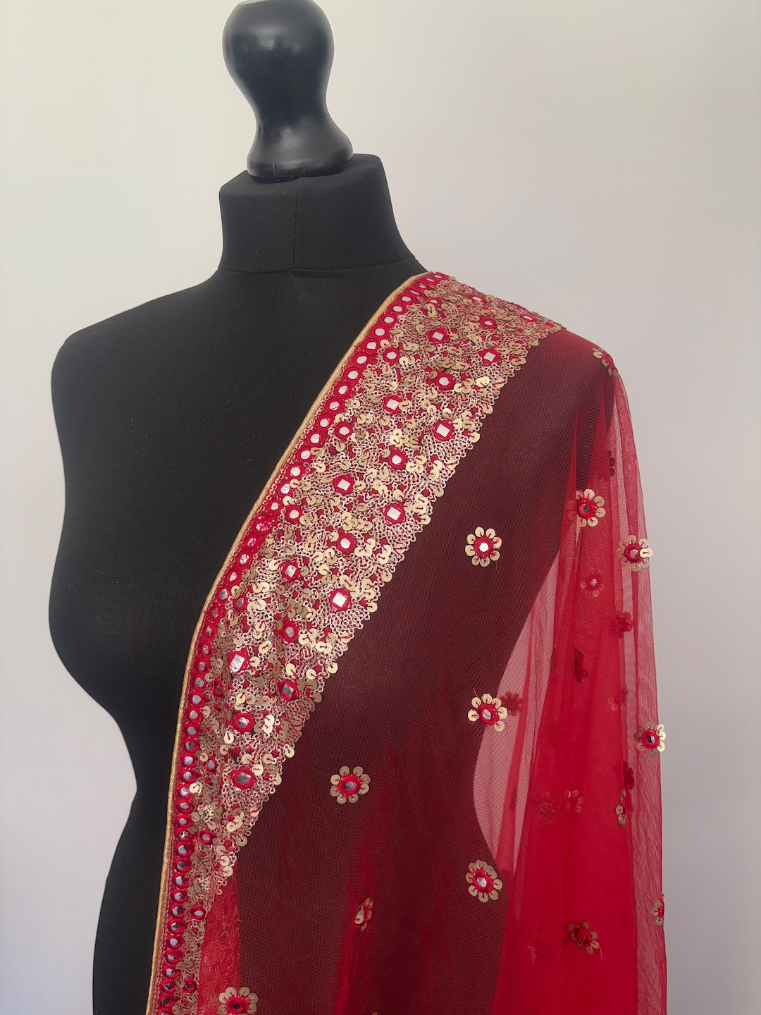 Red Net Dupatta Chunni With Glitter Sequin Border - Etsy