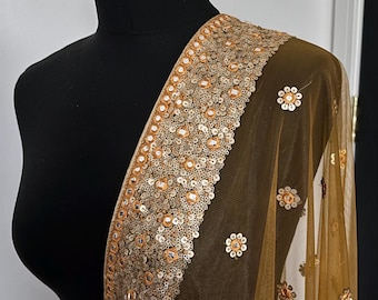 Mustard Yellow Net Dupatta Chunni with Glitter Sequin Border