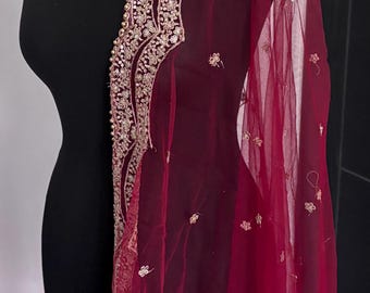 Maroon Net Dupatta with scallop border