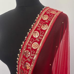 Red Net Dupatta with Gold Embroidery