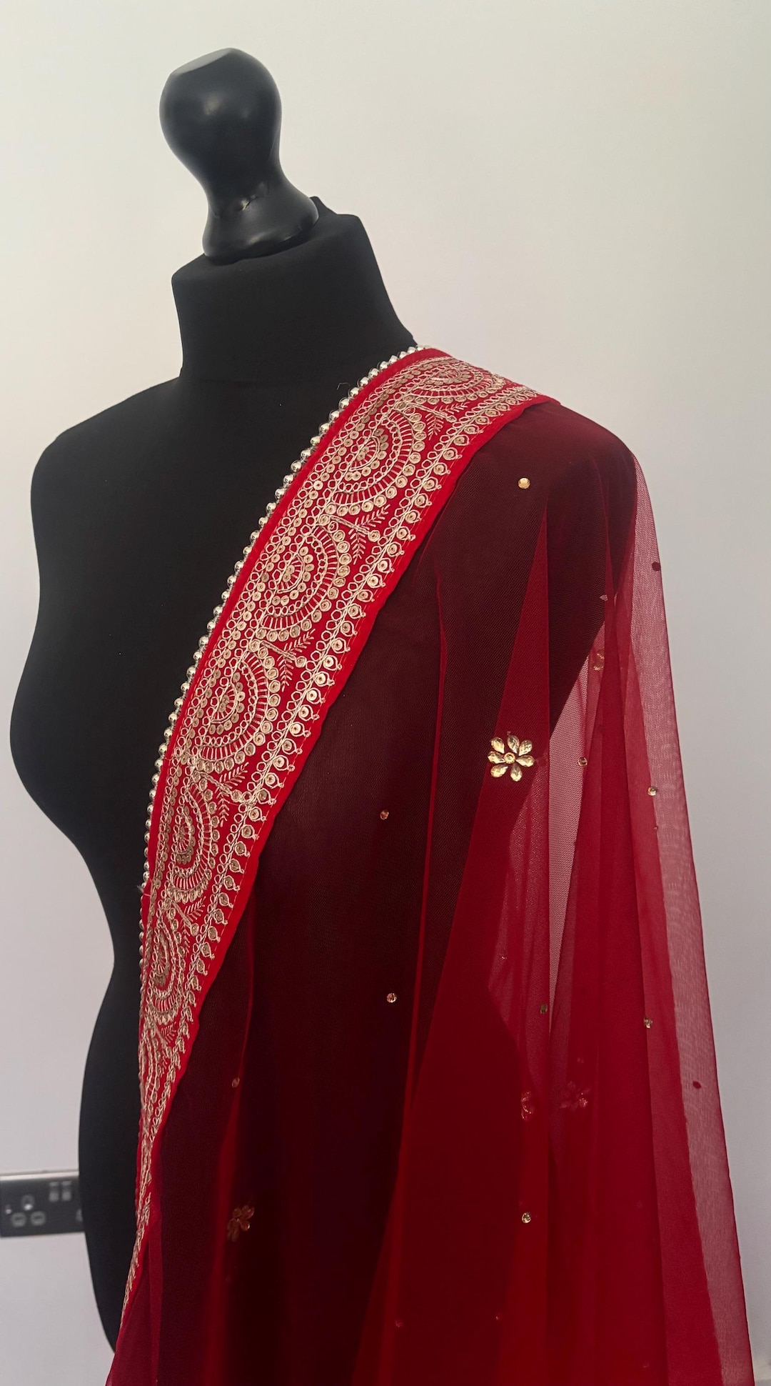 Red Net Dupatta With Gold Embroidery With Latkans - Etsy