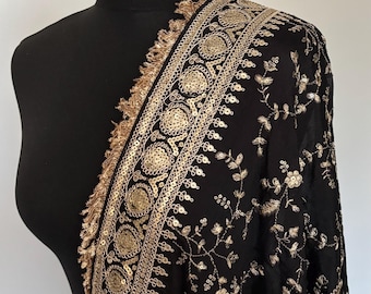 Black Chinnon Zari Embroidery Dupatta Chunni with Fringed Border