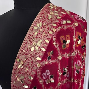 Red Heavy Work Georgette Dupatta with Mirror Work with Latkans