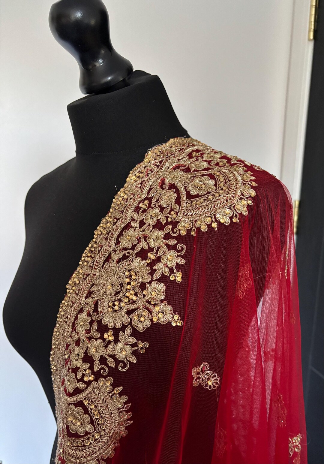 Red Net Dupatta With Gold Embroidery With Thread and Stone Work - Etsy
