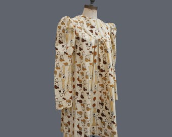 70&#39;s novelty print mini dress with bib front, puff sleeves, 30s fashion women print, 70s vintage dress, Size XS-S