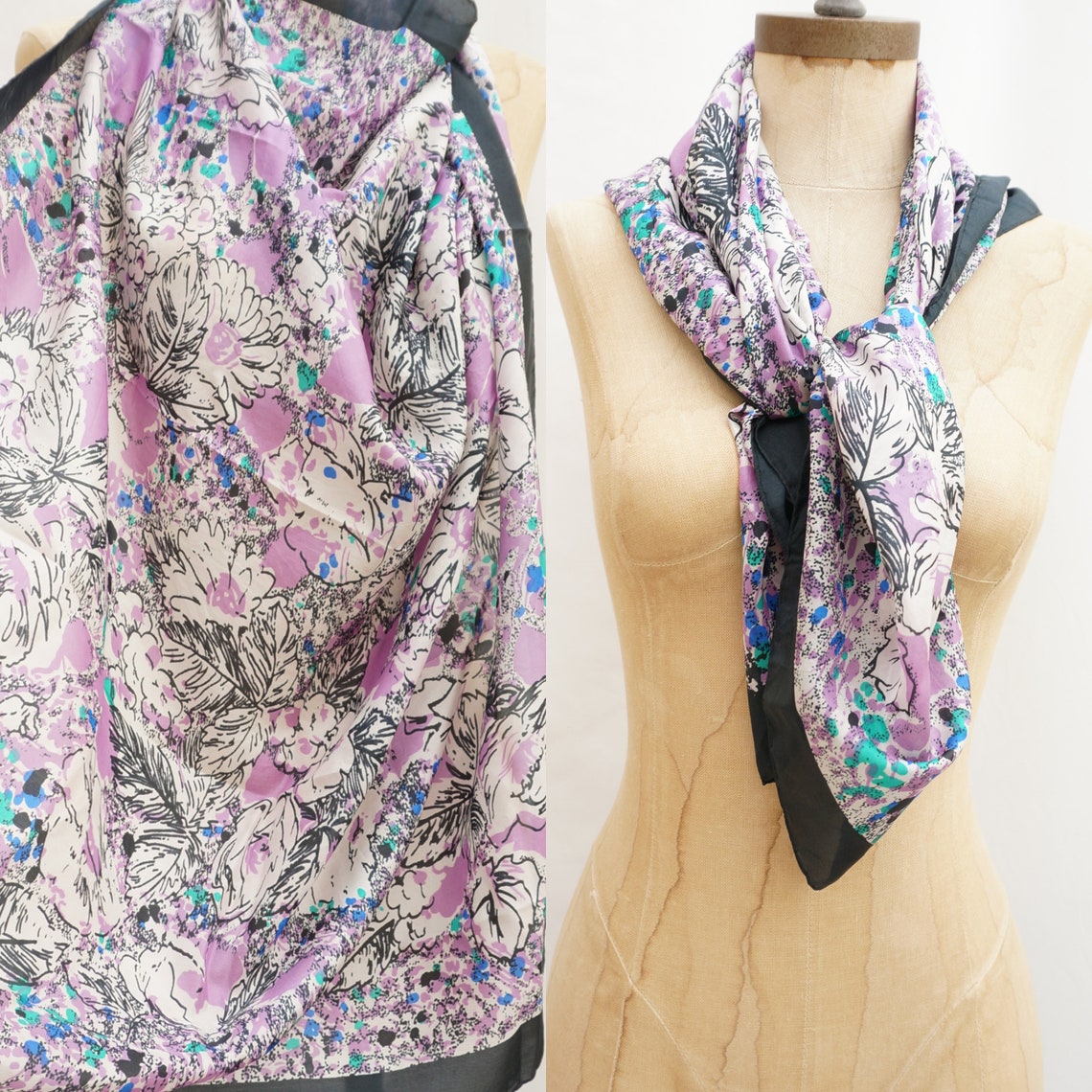 60er Feine Seide Floral Cartoon Print großer quadratischer | Etsy