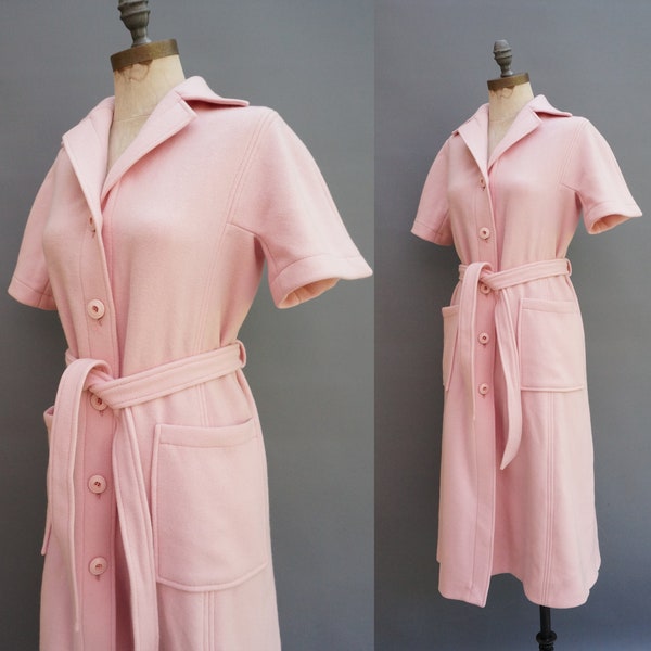 60’s Italian wool bubblegum pink coat dress, button neckline with collar, short sleeves, Small, 60s wool dress