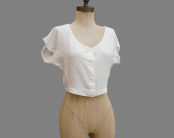 Antike Stil 90er Jahre Jigsaw weiße Baumwolle Crop Top, Hemdärmel, Größe S