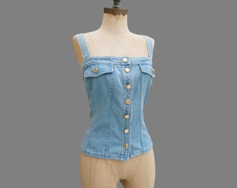 ESCADA Korsett Denim Top, Goldknöpfe, Y2K, Gr. 40