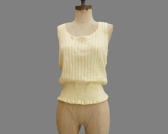 90er Jahre Gelb Stricken Ärmelloser Pullover, Quadratischer Ausschnitt, Rüschensaum Pullover Weste