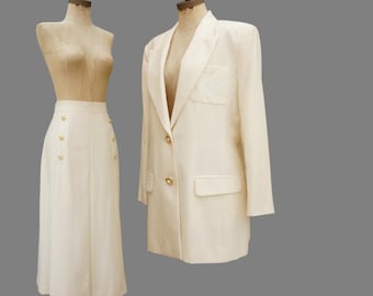 80er Creme Anzug, Wollrock, Emaille Kronenknöpfe, Größe L/XL