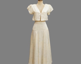 80er Jahre Caroline Charles Seidensatin Drop Waist Rock und Shrug Jacke Size Small-Medium