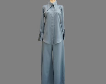 Satin Dagger Kragen Hose Set, hoher Bund Hose mit weitem Bein und Langarm Longline T-Shirt, Größe XS-S