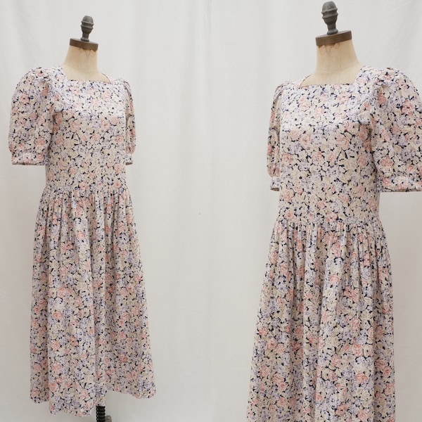 80's Laura Ashley pastel floral cotton square neck, full skirt, puff sleeves midi dress, designer dress, Size Small