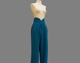 80er Jahre Rodier Wolle Petrol grüne Hose mit weitem Bein und hoher Taille, Size Large