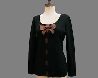 Jersey de lana merino Y2K de Louis Feraud: lazo de seda marrón, talla S