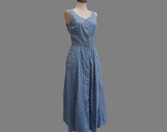 90er Jahre Blau und Pink geblümtes Maxi-Hemdkleid mit Knöpfen, Liz Claidose, Größe M