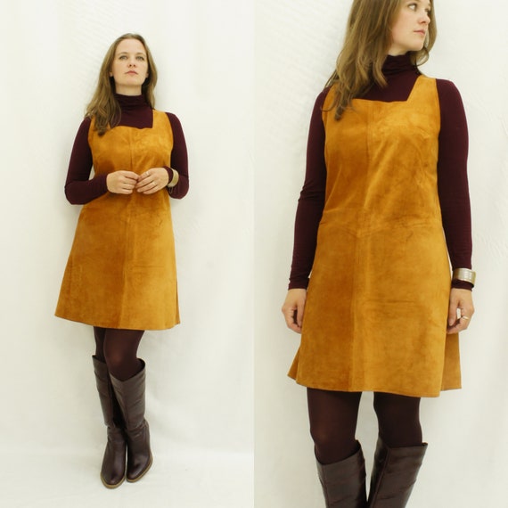 80's suede leather pinafore square neck dress, AD… - image 2